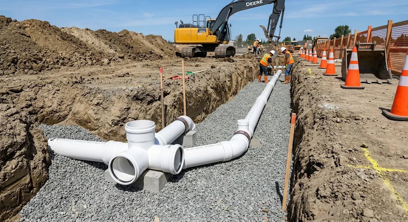 New PVC sewer pipe installation in open trench for Sewer Backup in Coon Rapids