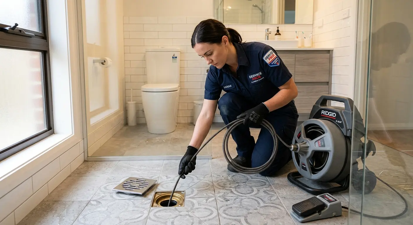 Technician clearing a bathroom floor drain for Drain Cleaning in Coon Rapids